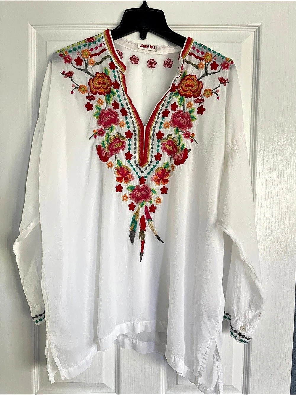 Johnny Was Embroidered Floral Tunic in White & Red